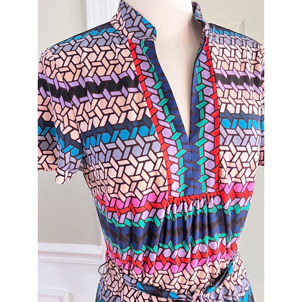 Trina Turk Geometric Sheath Dress Women Multicolor Mod V-Neck Tie Waist Retro